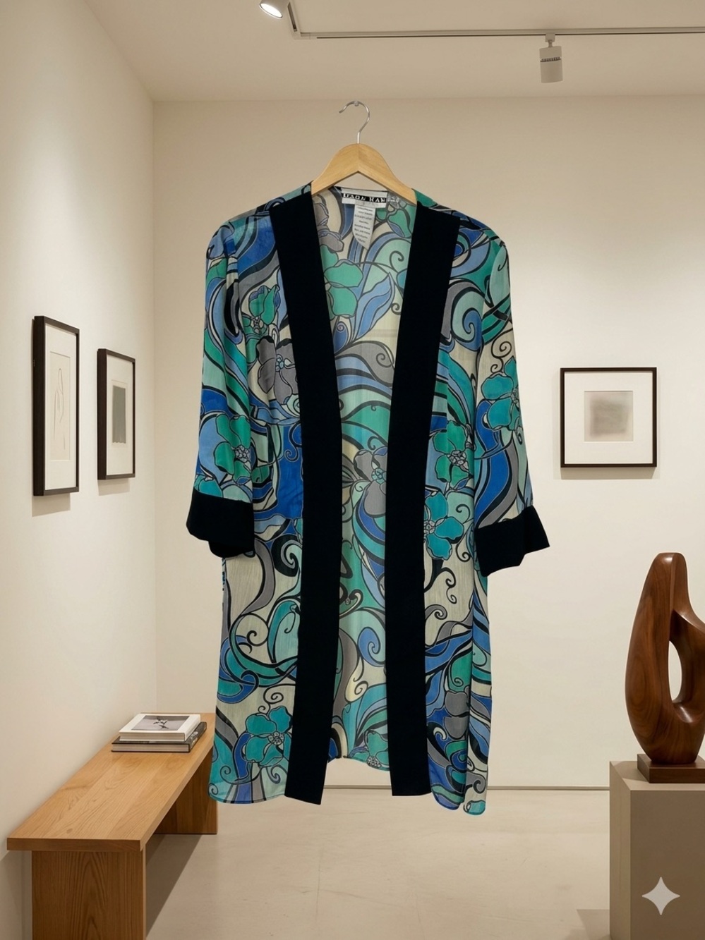 Dana Kay Sheer Floral Kimono Tunic in Teal, Aqua & Navy with Black Trim